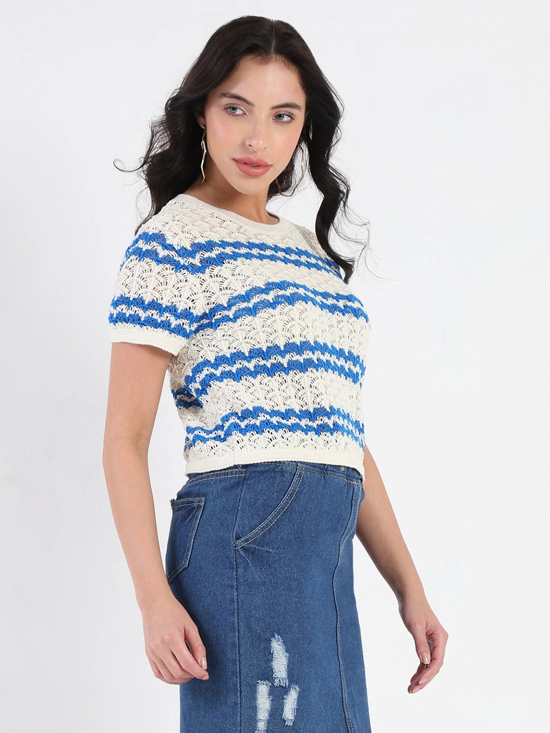Adjustable Fit System Madame Striped Crocheted Beige Cotton Crop Top