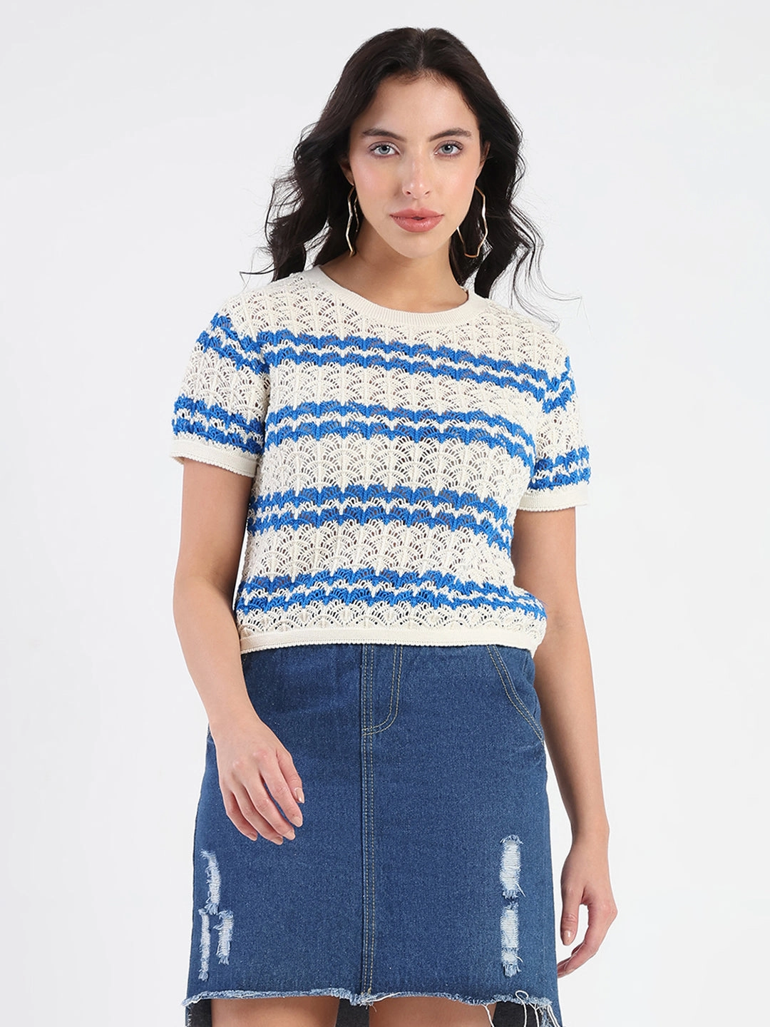 Machine Washable Fabric Madame Striped Crocheted Beige Cotton Crop Top