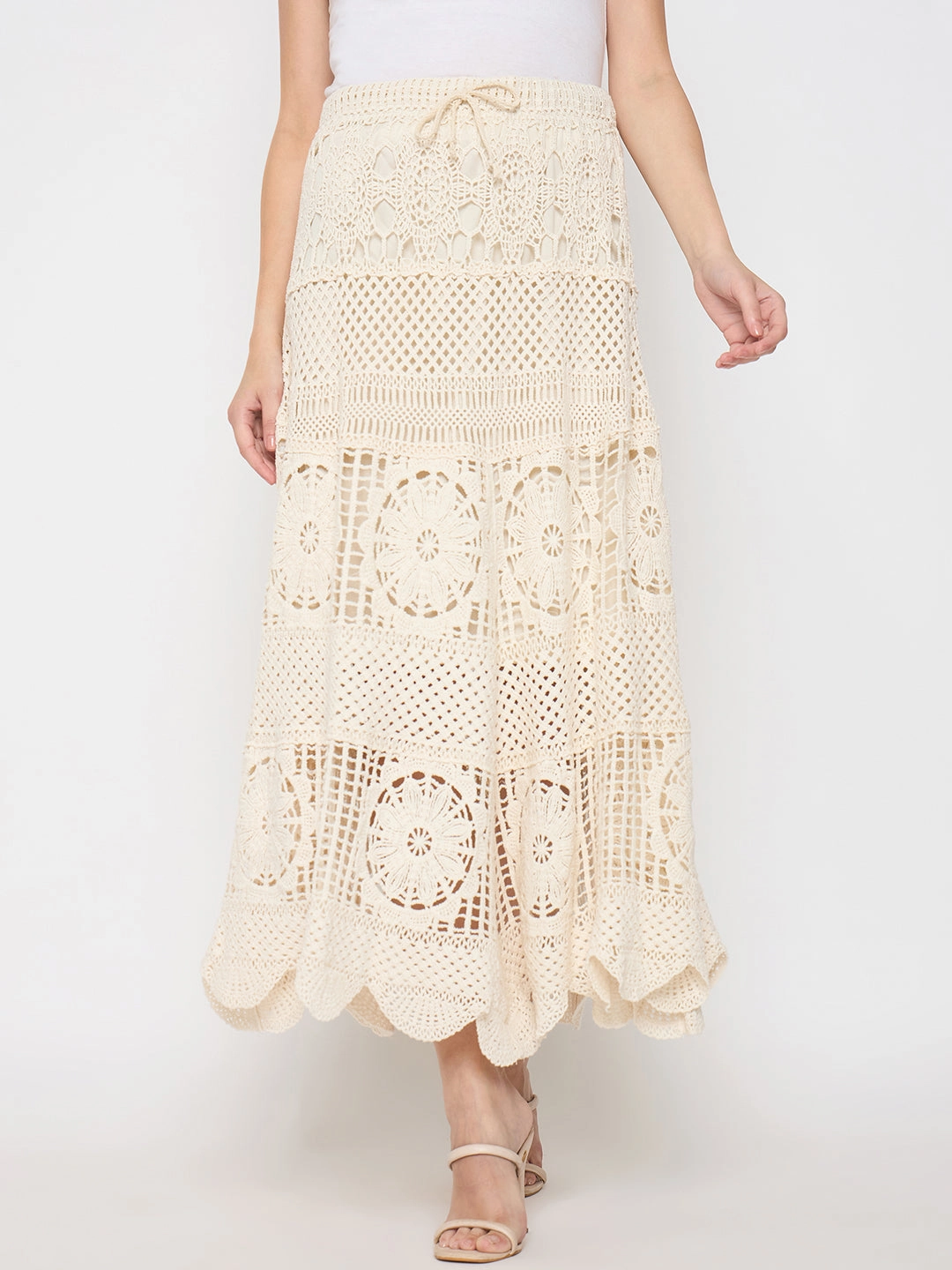 Madame Cotton Crochet Lace Tiered Beige Maxi Skirt Neutral palette Moisture wicking