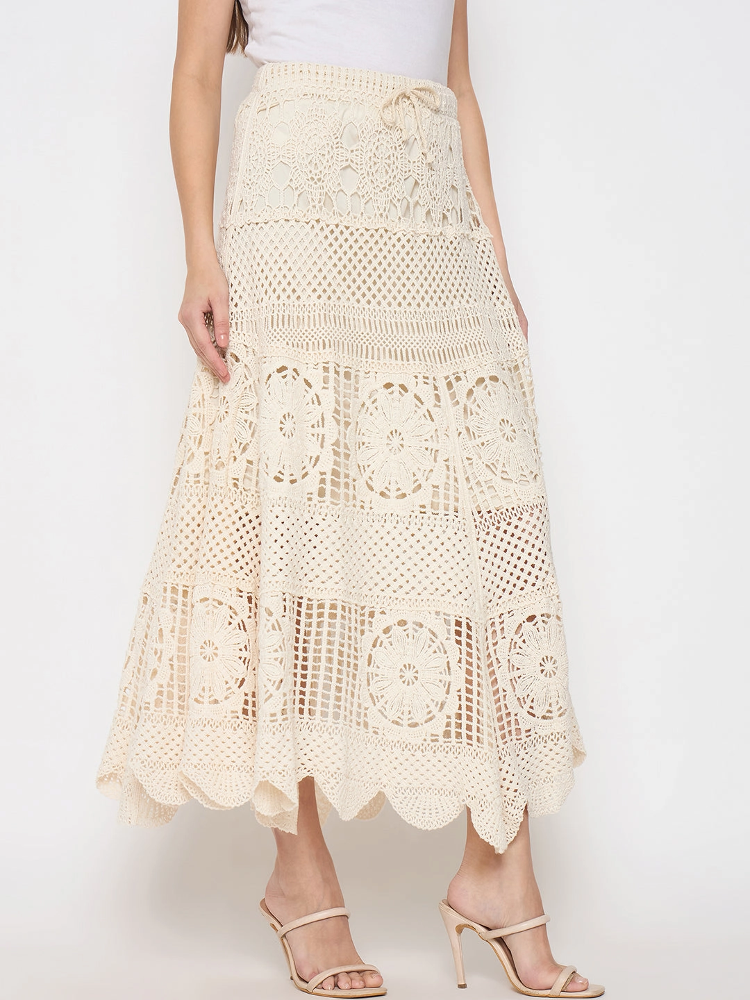 Madame Cotton Crochet Lace Tiered Beige Maxi Skirt Statement Color