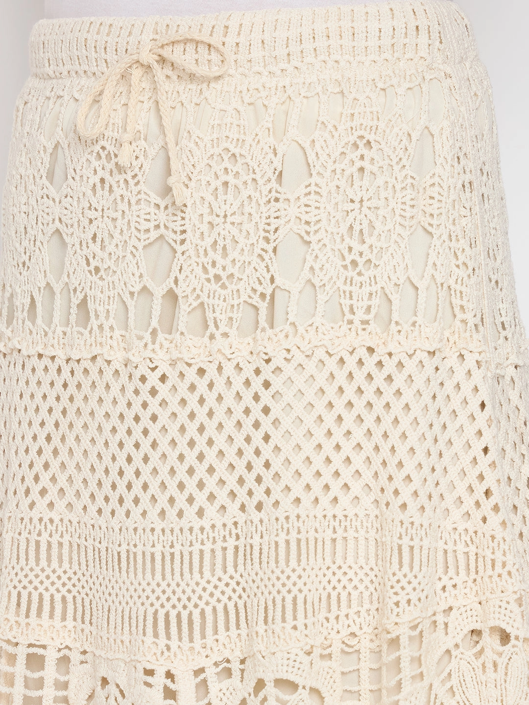 Ventilated Slits Madame Cotton Crochet Lace Tiered Beige Maxi Skirt