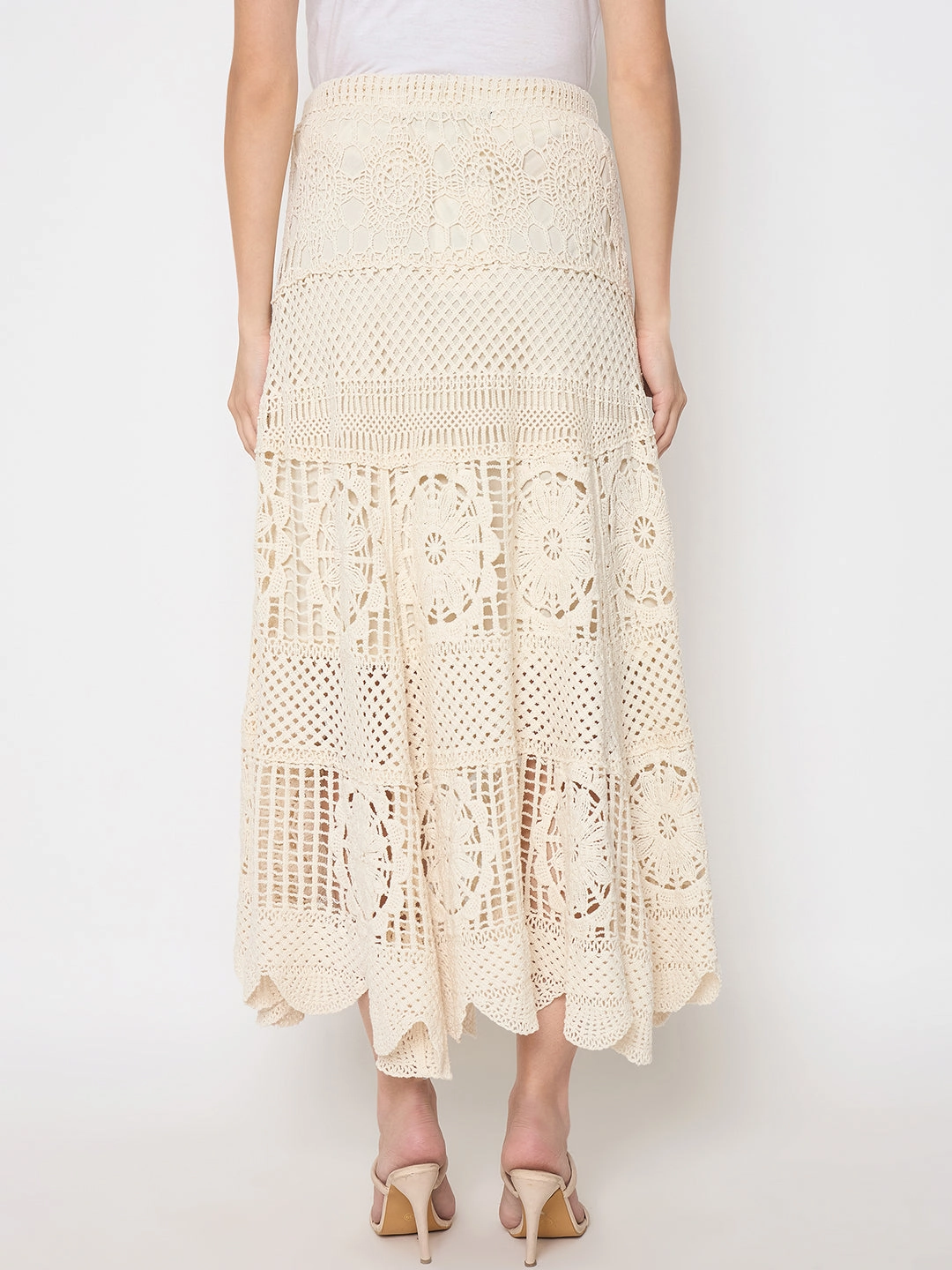 Madame Cotton Crochet Lace Tiered Beige Maxi Skirt Timeless Piece Chic casual
