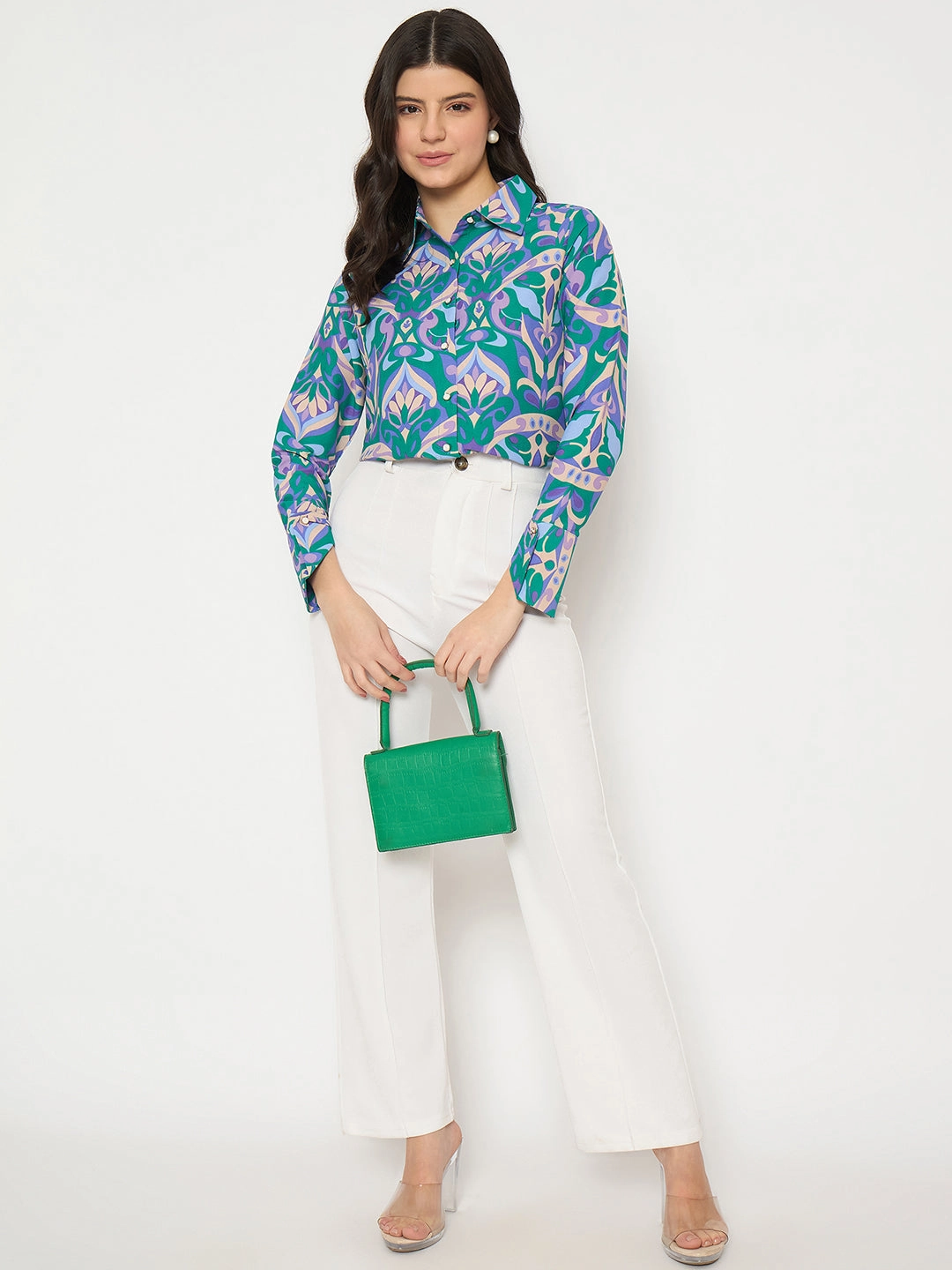 Madame All Over Print Full Sleeve Green Shirt Wrinkle-Resistant Eco Friendly Production