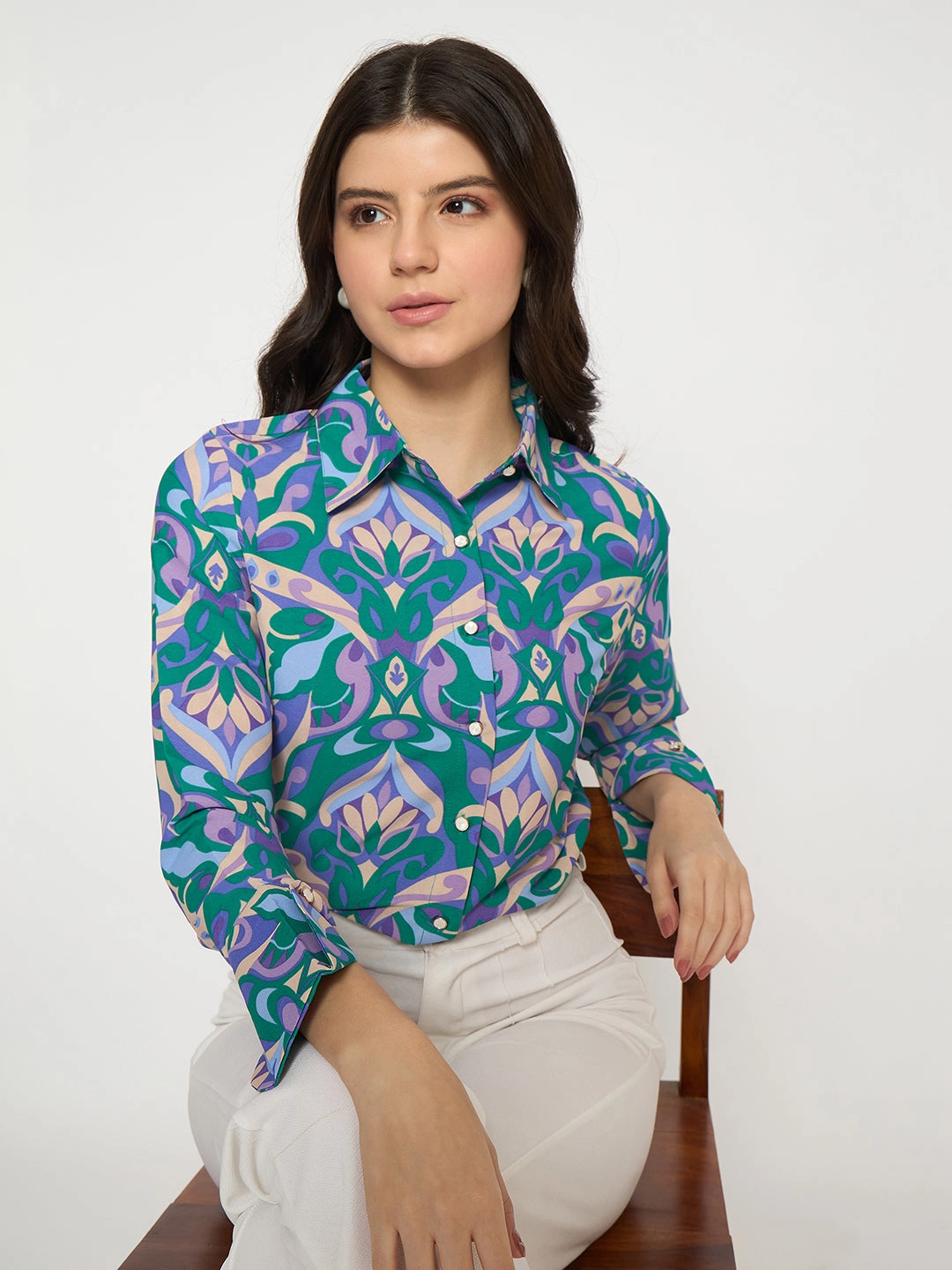 Madame All Over Print Full Sleeve Green Shirt Printed design