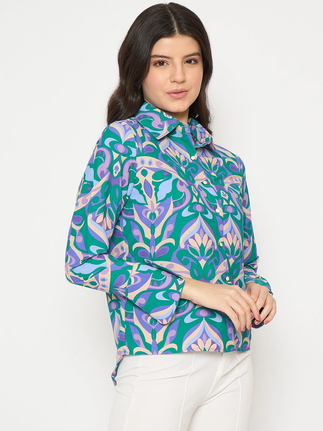 Geometric Pattern Madame All Over Print Full Sleeve Green Shirt