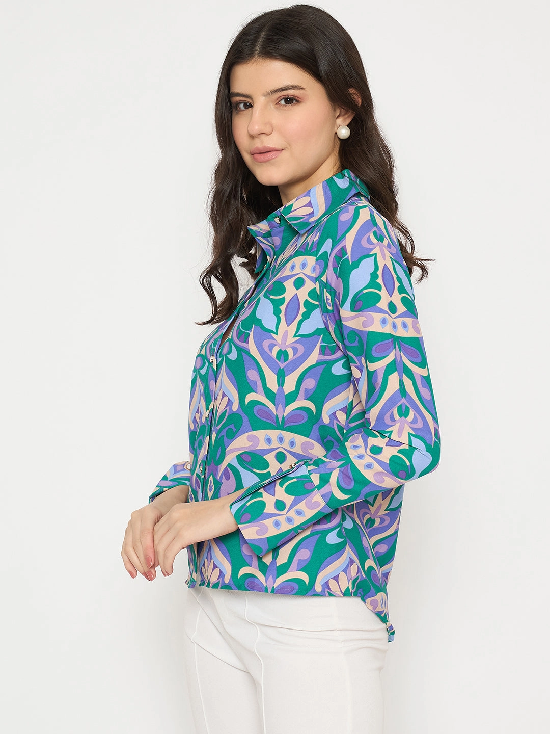 First Date Madame All Over Print Full Sleeve Green Shirt