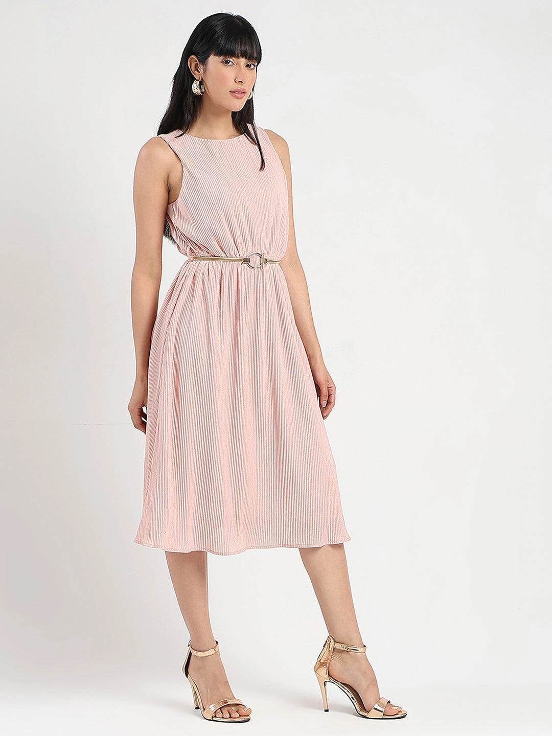 Travel-Essential Madame Metallic Self-Design Pleated Beige Flared Maxi Dress
