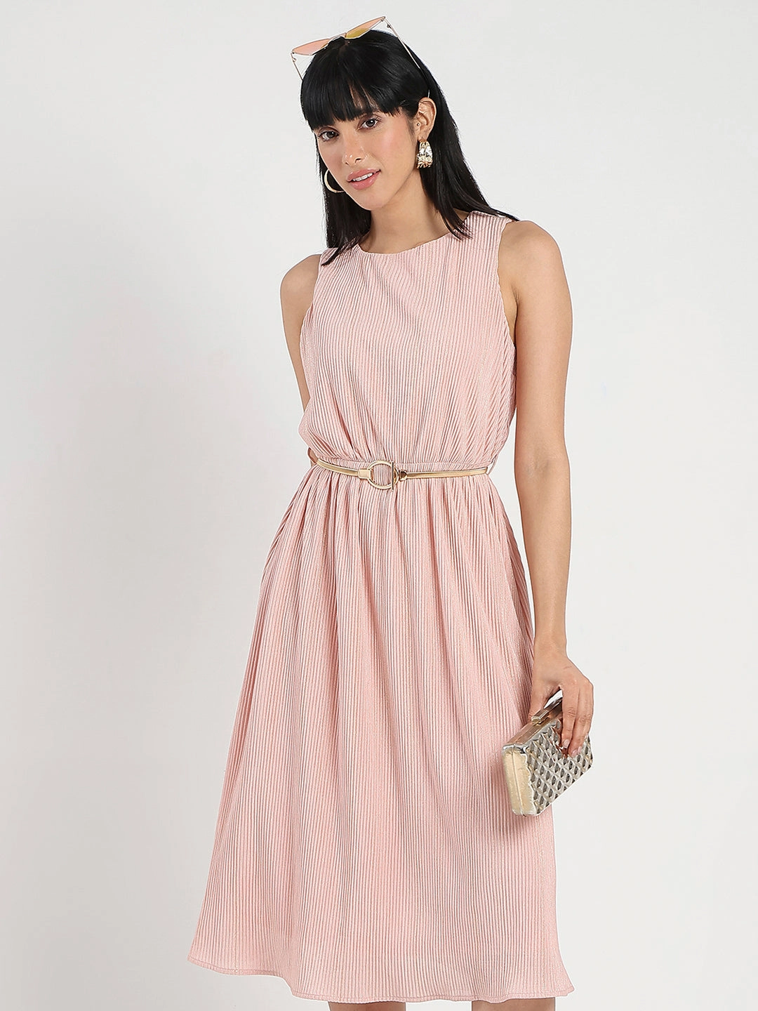 Workwear Street-Style Madame Metallic Self-Design Pleated Beige Flared Maxi Dress