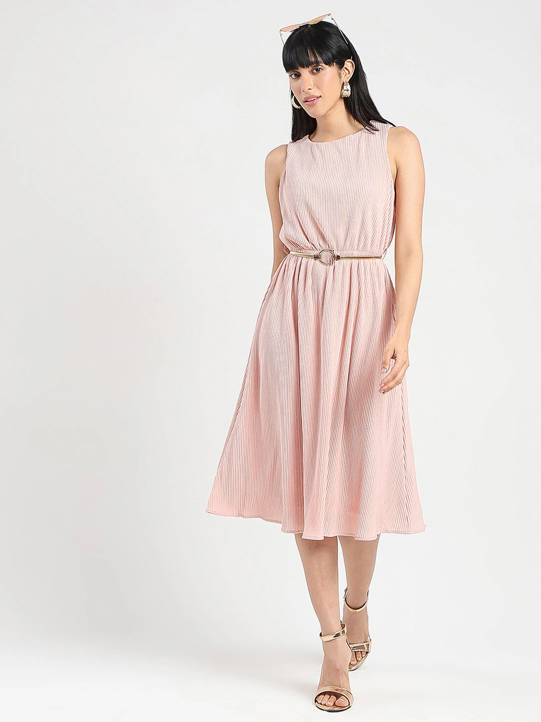 Madame Metallic Self-Design Pleated Beige Flared Maxi Dress Travel Ready Easy Mood