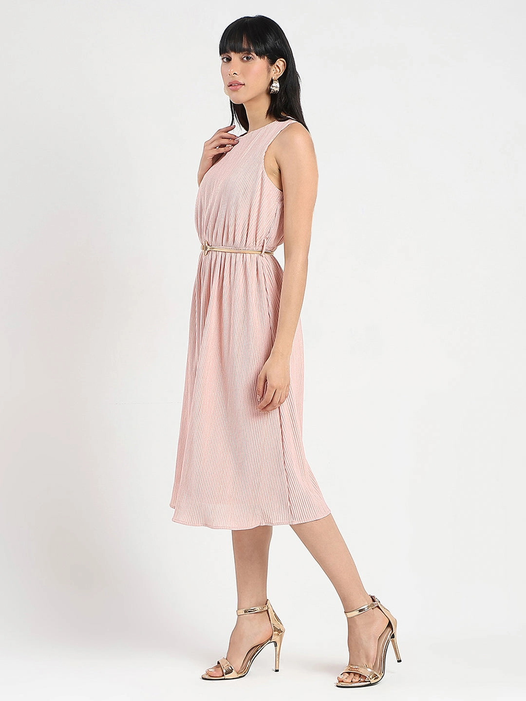 Madame Metallic Self-Design Pleated Beige Flared Maxi Dress Flattering Shape Design