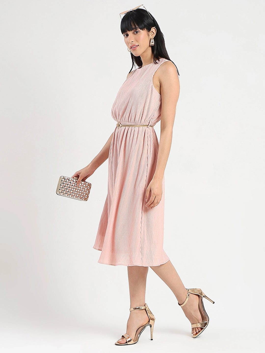 Madame Metallic Self-Design Pleated Beige Flared Maxi Dress Versatile Cut