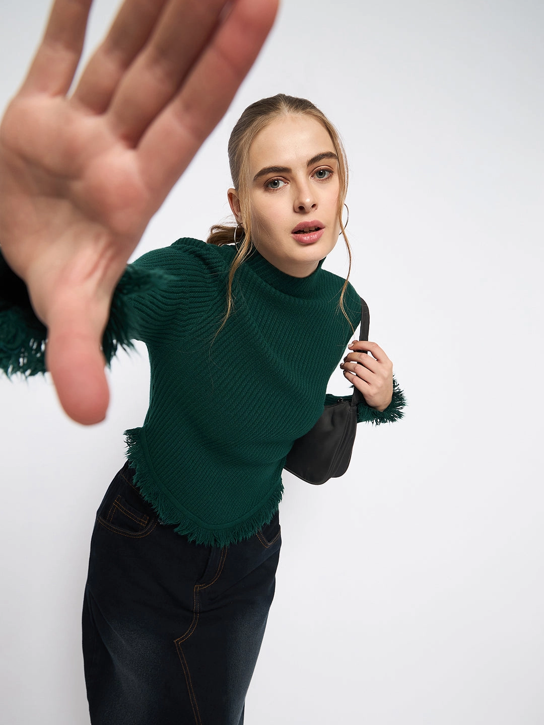 Madame Fringe Hem Mock Neck Green Sweater Winter Must-Have Knit Effortless Layering