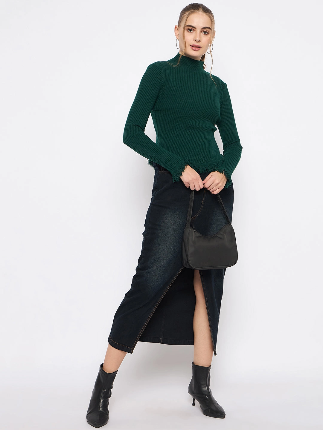 Warm Layer Madame Fringe Hem Mock Neck Green Sweater