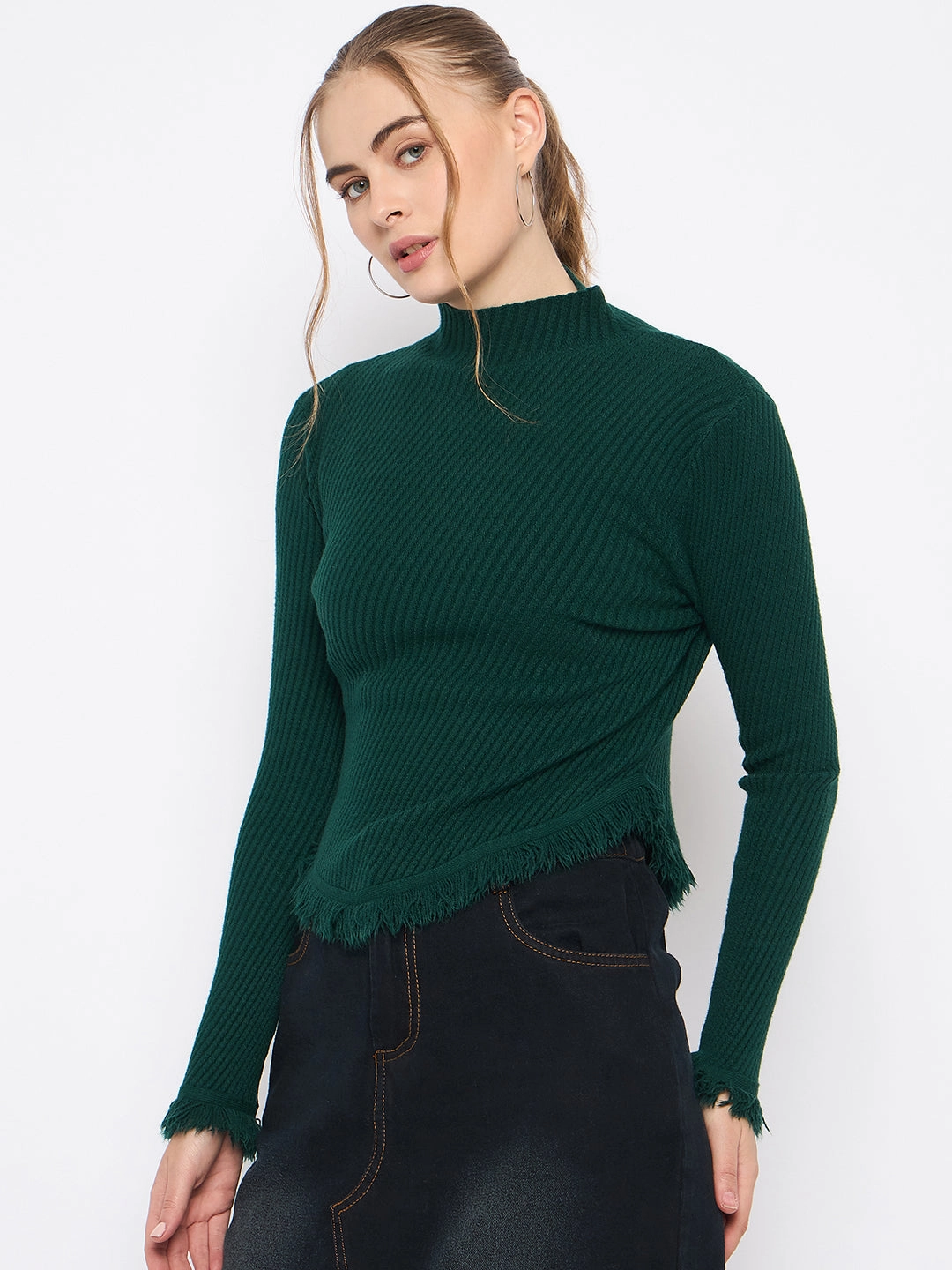 Breathable mesh lining Madame Fringe Hem Mock Neck Green Sweater