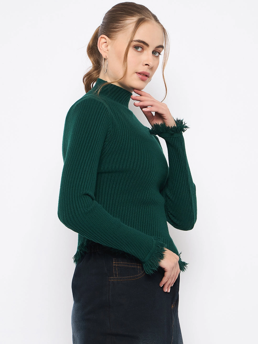 Winter Apparel Madame Fringe Hem Mock Neck Green Sweater