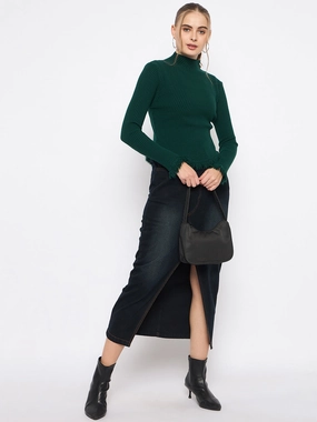 Warm Layer Madame Fringe Hem Mock Neck Green Sweater