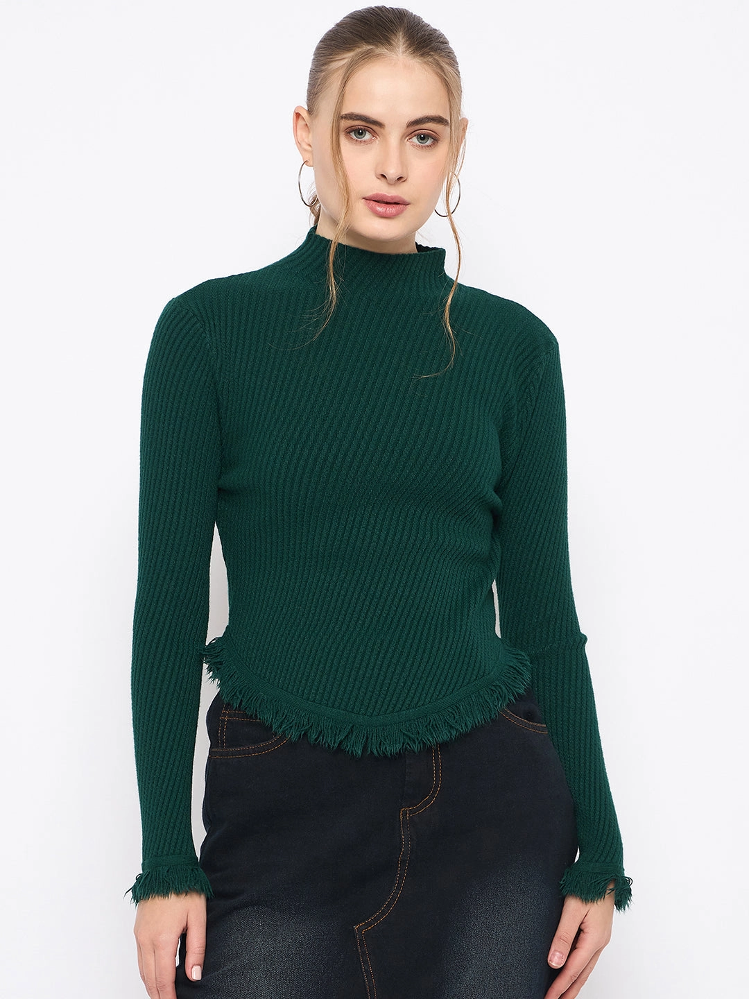 Breathable Wear Fit Quick Access Madame Fringe Hem Mock Neck Green Sweater
