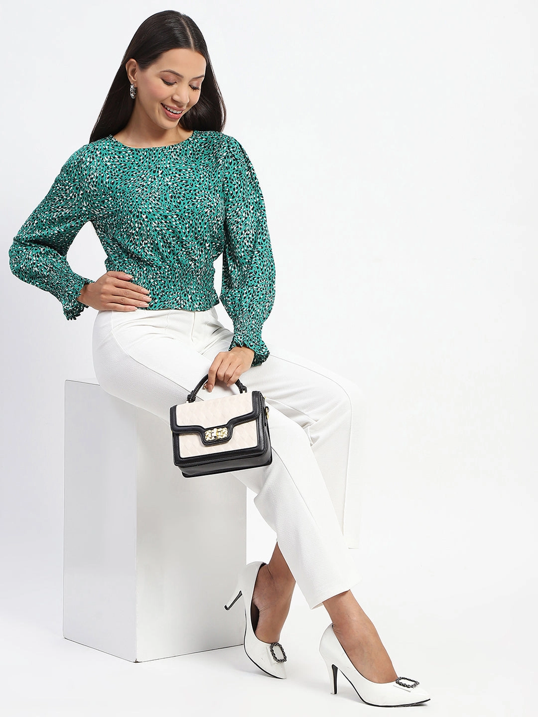 Madame Animal Print Cinch Waist Green Top Breathable Mesh Back