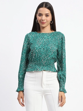Madame Animal Print Cinch Waist Green Top Long Sleeve Polo