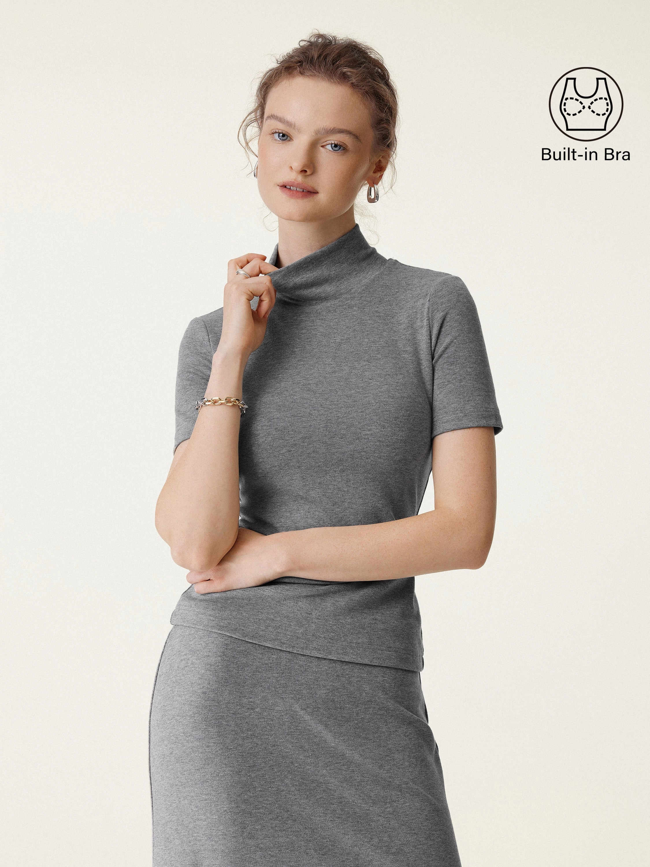 Soft Thermal Mockneck Short Sleeve Brami Top LightweightFabric Trendy Shirt
