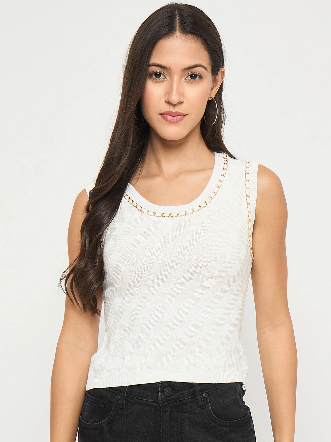 Non Restrictive Fit ReinforcedArmholes Madame Chain Accented Sleeveless White Knitted Top
