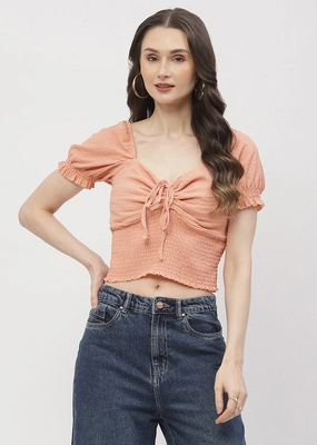 Biodegradable material Quick Dry Tech Madame Tie-Up Neck Orange Smocked Top