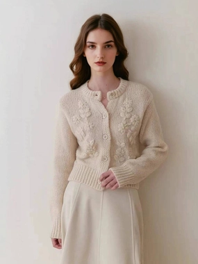 Work Friendly Dimensional Jacquard Weave Armani Round Neck Crochet Sweater
