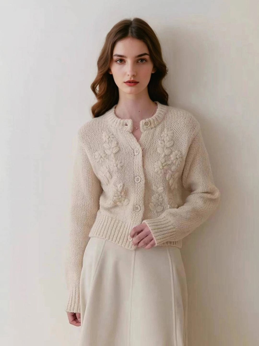 Work Friendly Dimensional Jacquard Weave Armani Round Neck Crochet Sweater