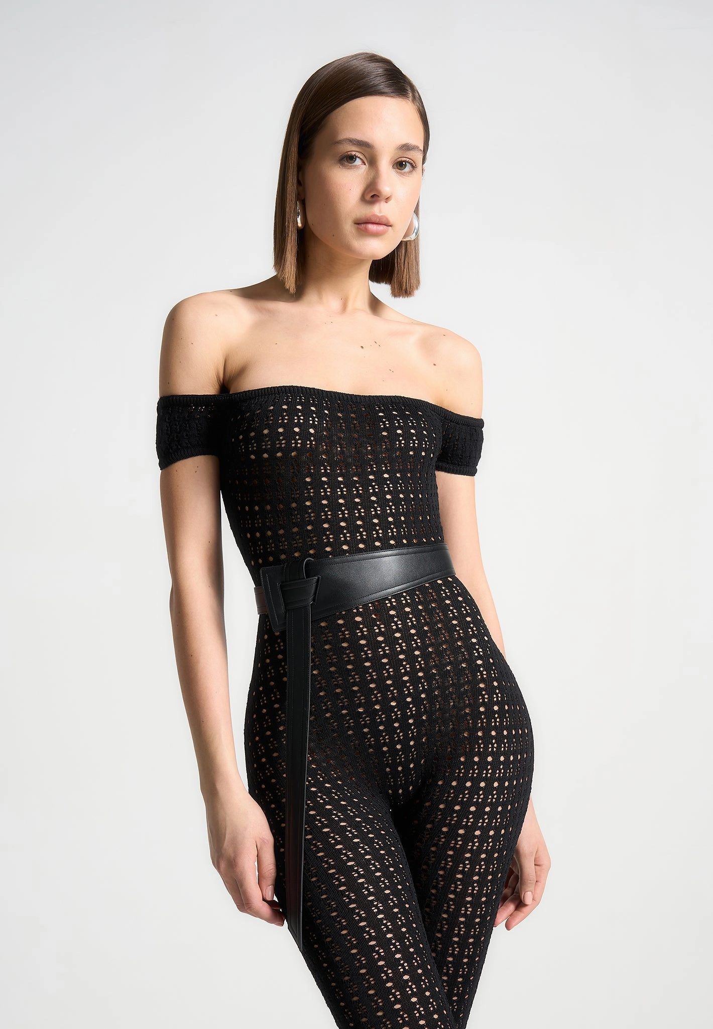 UVProtective Layer Martine - Pointelle Knit Bardot Jumpsuit with Belt - Black