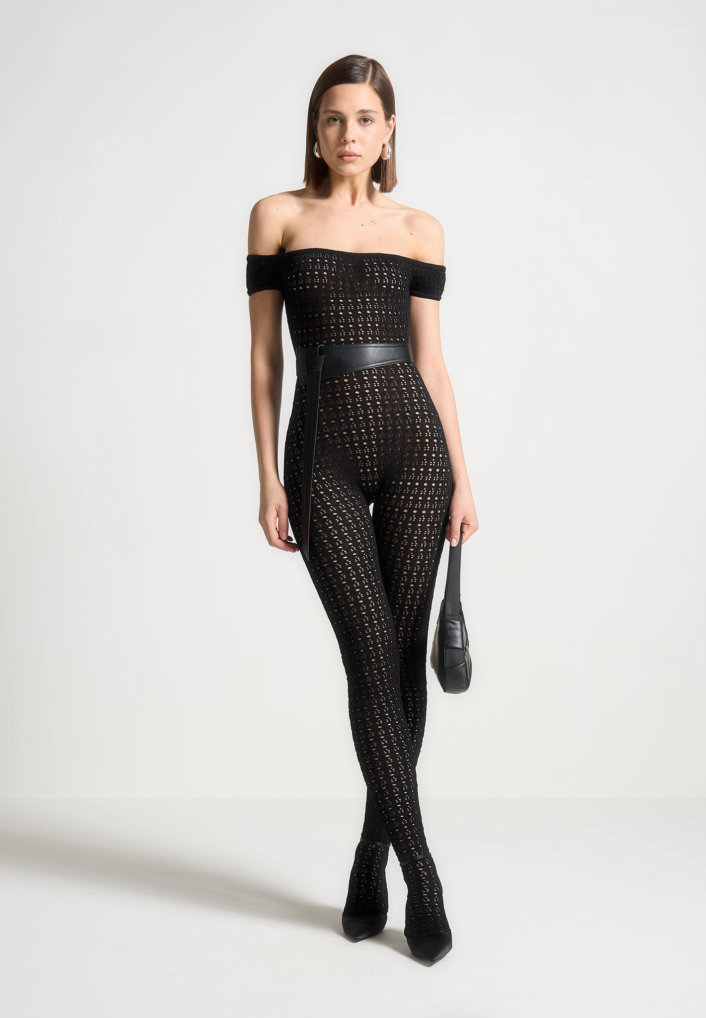 Daily Layer Martine - Pointelle Knit Bardot Jumpsuit with Belt - Black