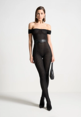Daily Layer Martine - Pointelle Knit Bardot Jumpsuit with Belt - Black