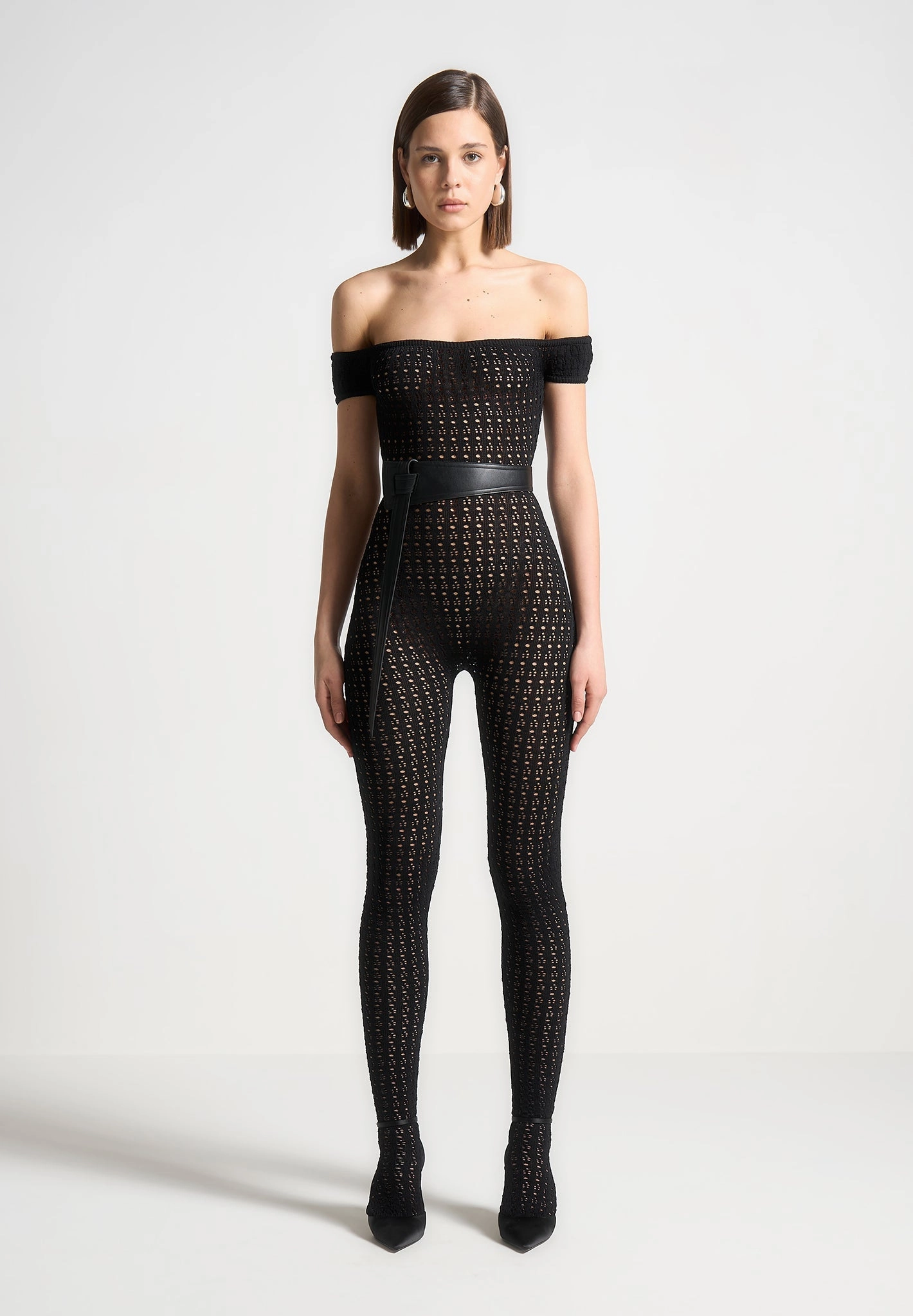 Contrast Stitch Chic Outfit Martine - Pointelle Knit Bardot Jumpsuit with Belt - Black