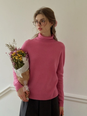 UPF Protection Solana Basic Versatile Turtleneck 100% Wool Sweater - Pink