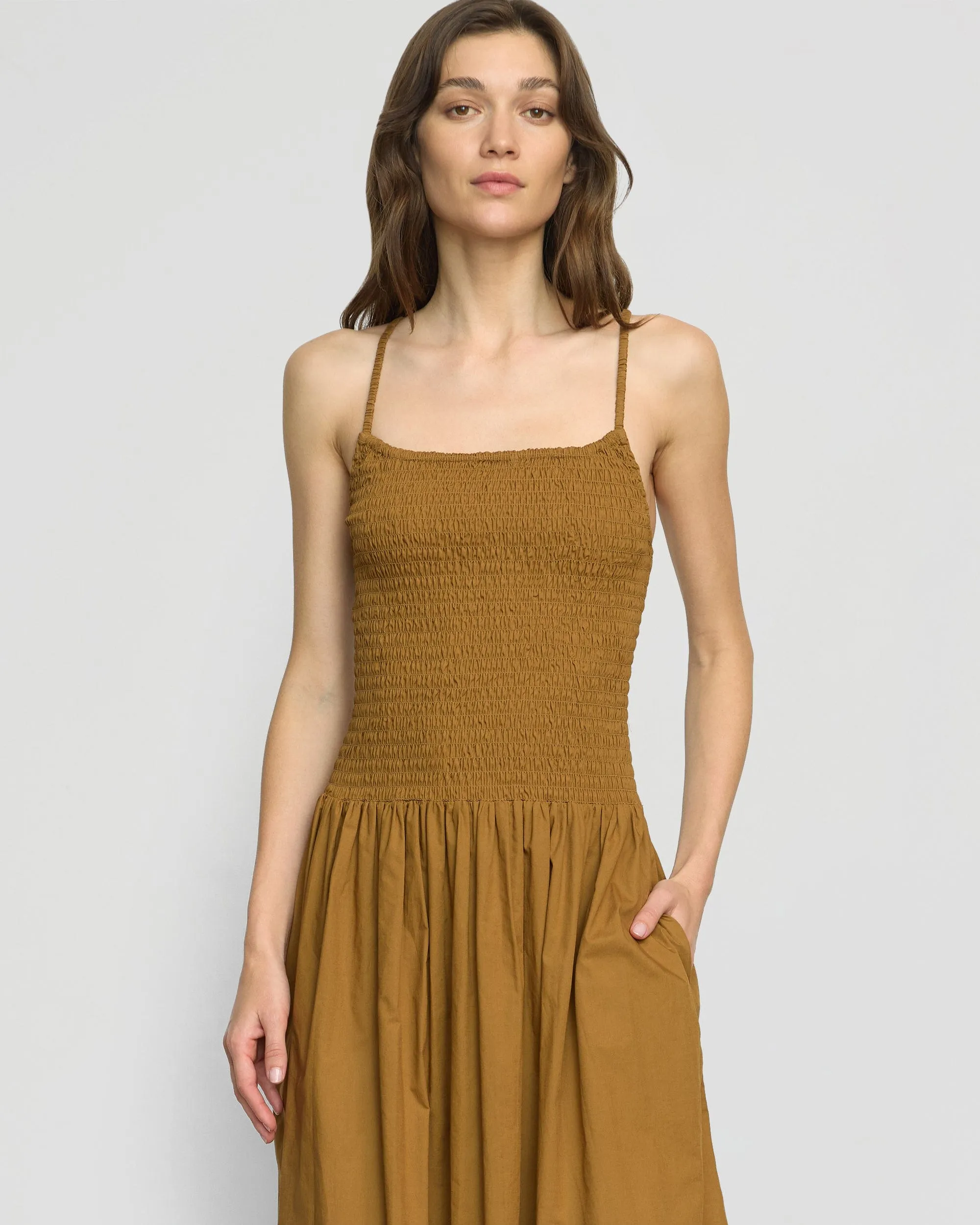 Venus Smocked Organic Cotton Midi Dress Comfortable Look