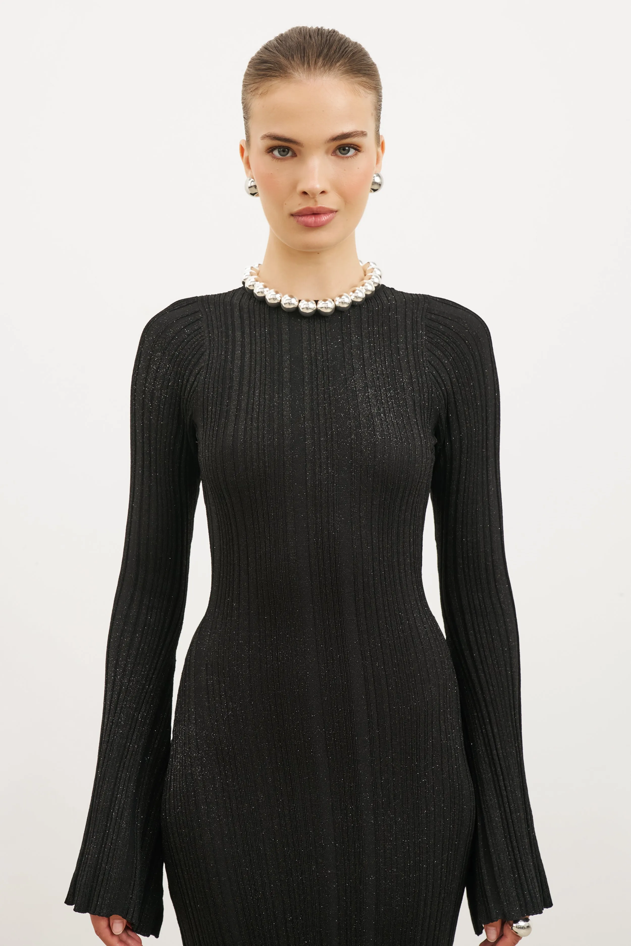Fine Knit Longsleeve Open Back Maxi Dress - Black Shimmer Guest Shine Trendy Waist