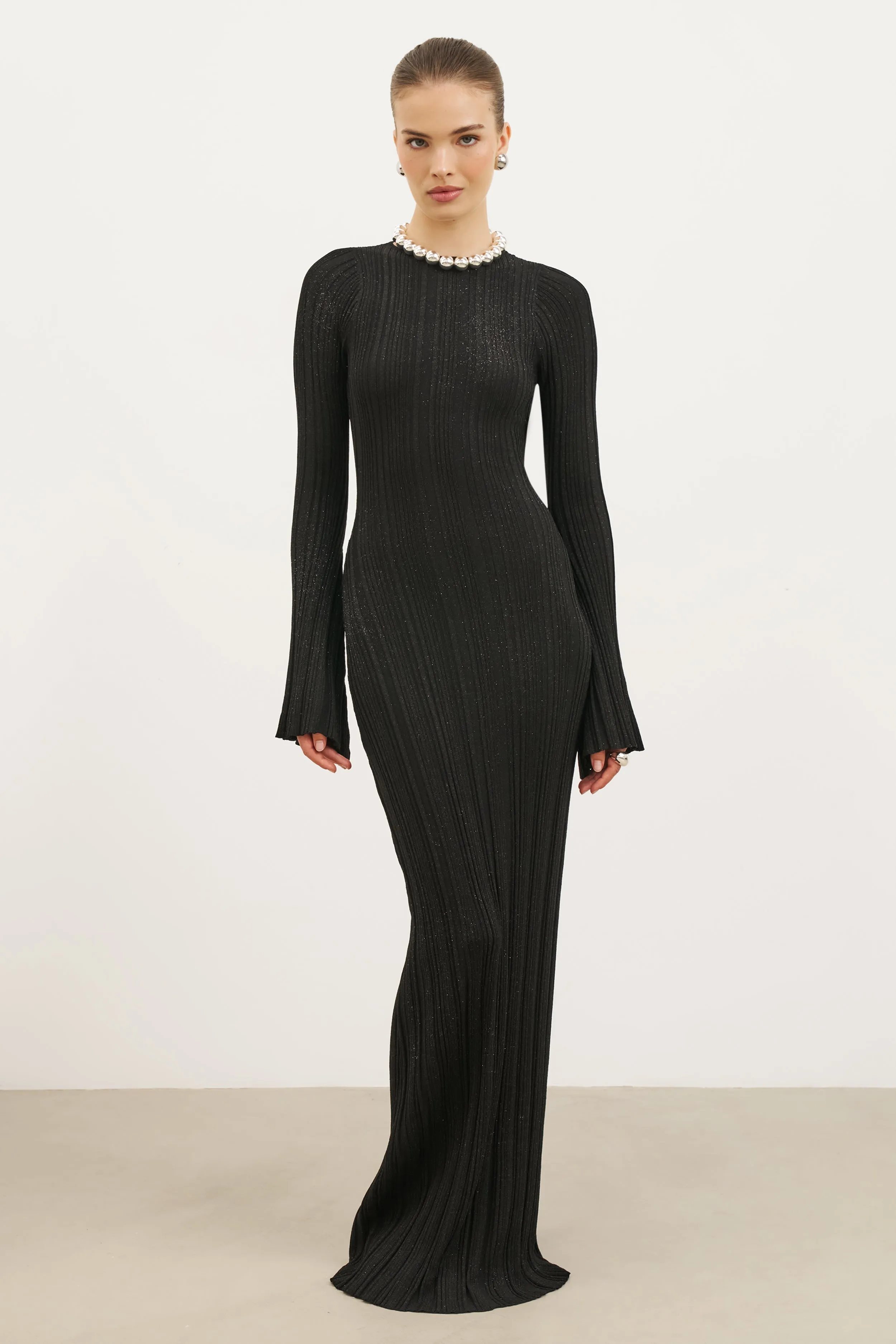 Fine Knit Longsleeve Open Back Maxi Dress - Black Shimmer Classic Cut Relaxed Waist