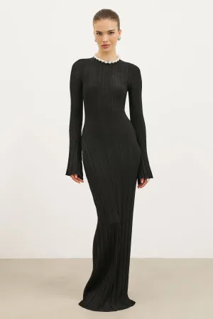 Fine Knit Longsleeve Open Back Maxi Dress - Black Shimmer Classic Cut Relaxed Waist