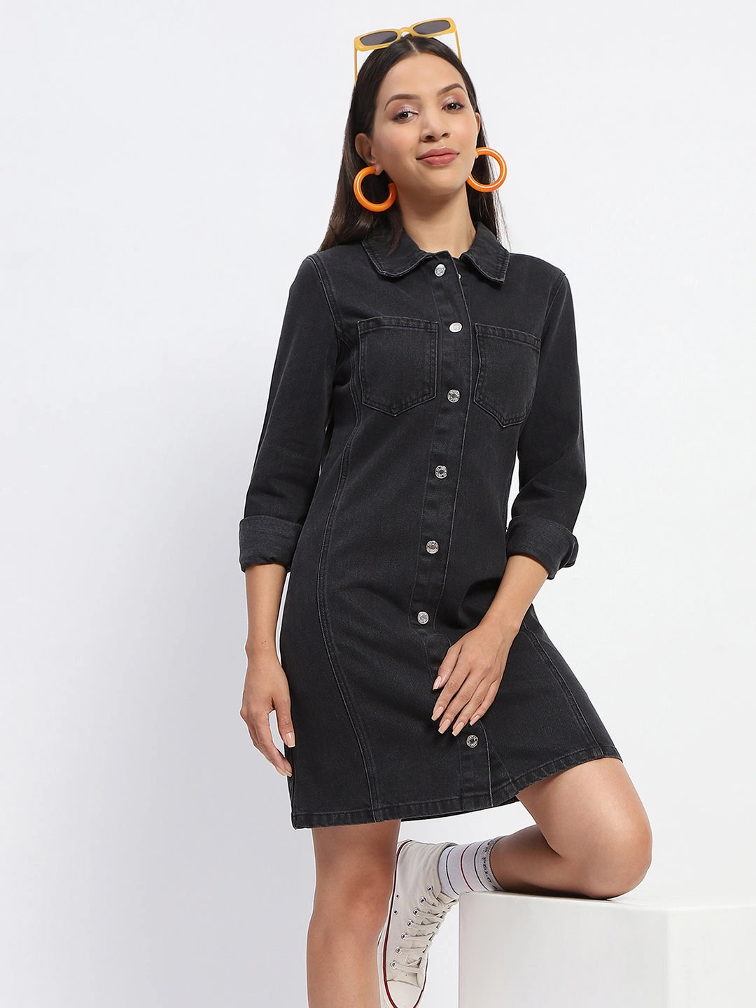 Madame Collared Jacket Style Black Denim Dress London Edge