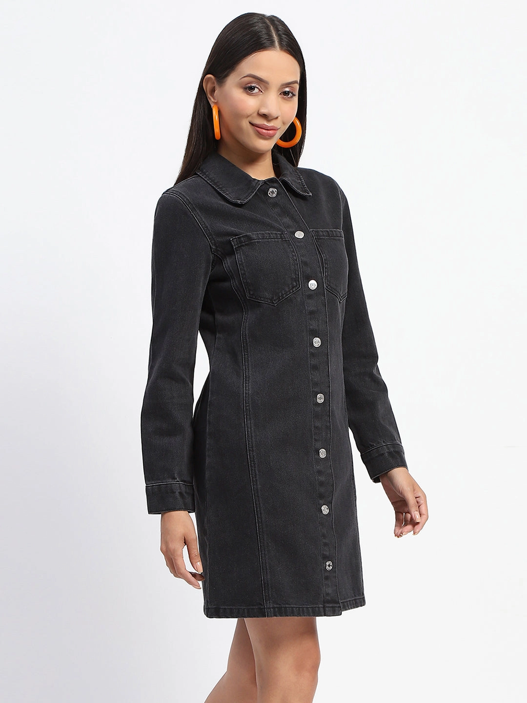 Madame Collared Jacket Style Black Denim Dress FadeResistantColor