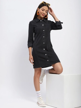 Madame Collared Jacket Style Black Denim Dress Piped-Edge FadeResistantColor