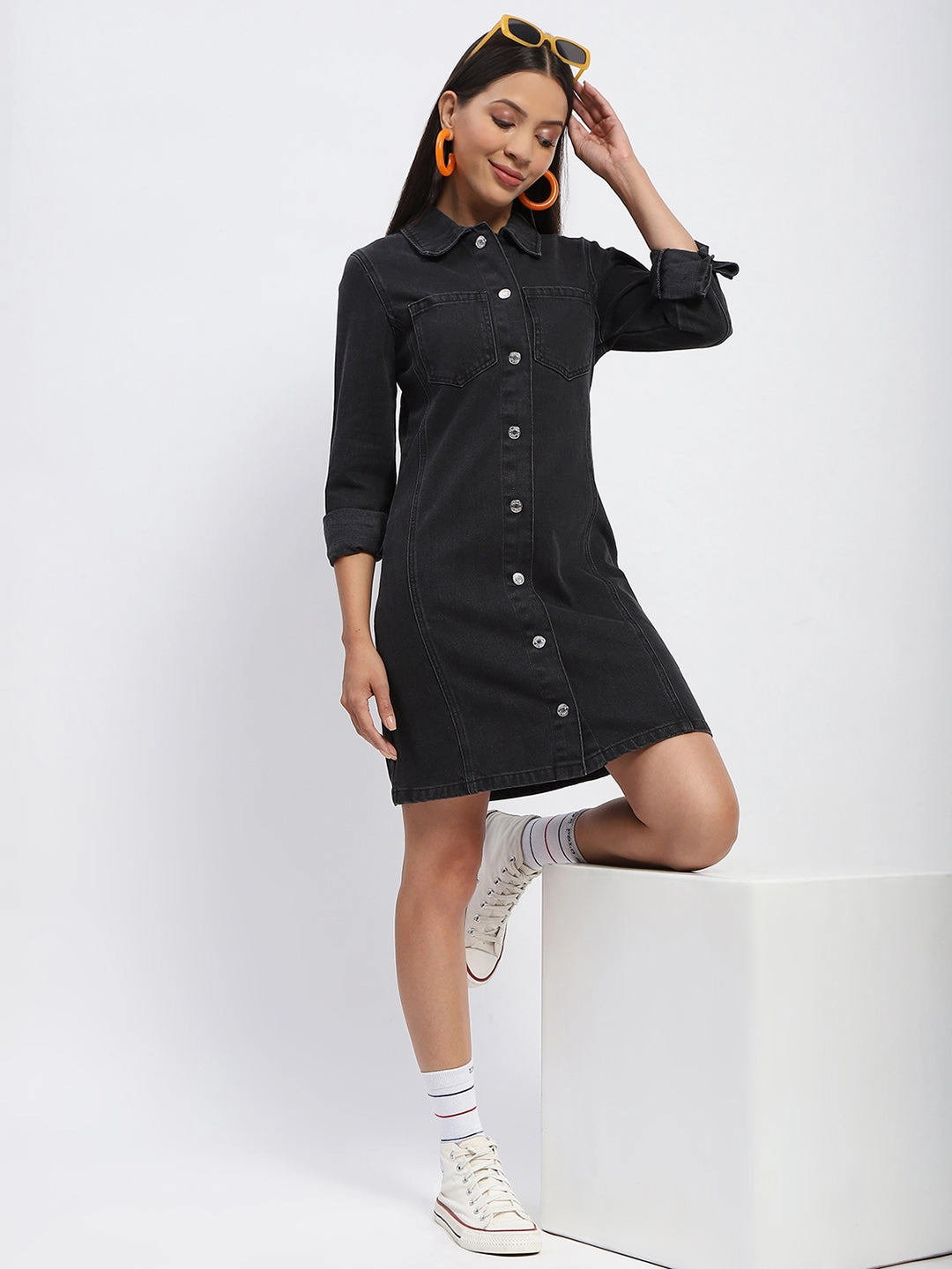 Perfect Wearable Madame Collared Jacket Style Black Denim Dress