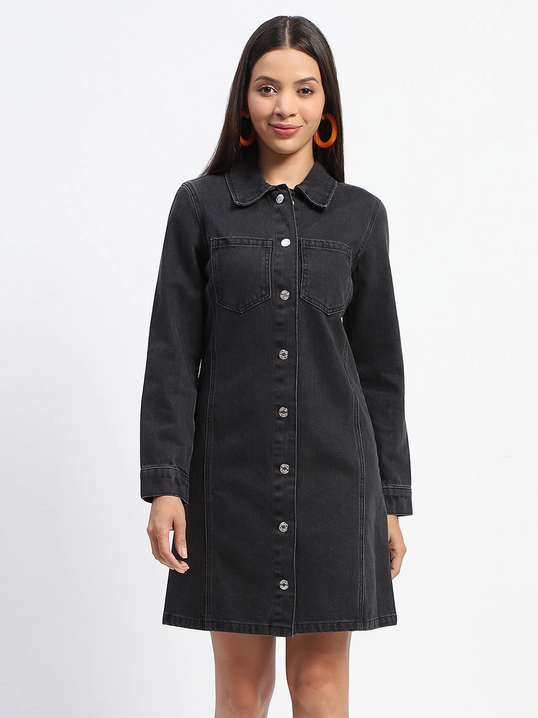 Sharp Look Madame Collared Jacket Style Black Denim Dress