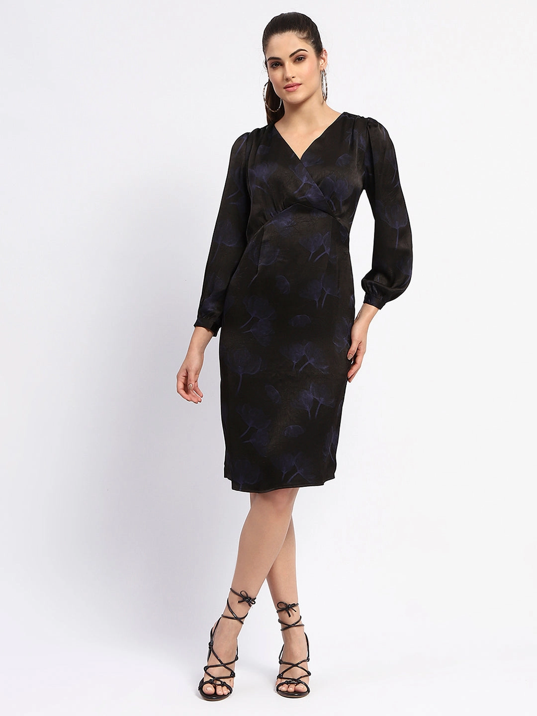 Madame Abstract Print Surplice Neck Black Midi Dress Work or Play Flattering Cut