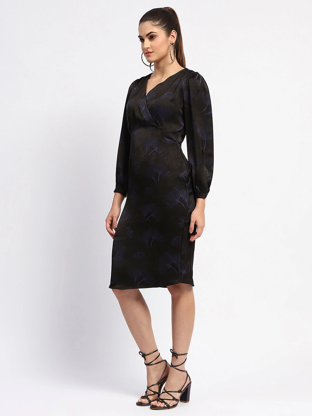 Madame Abstract Print Surplice Neck Black Midi Dress Cozy Energy Smart Waistband Design