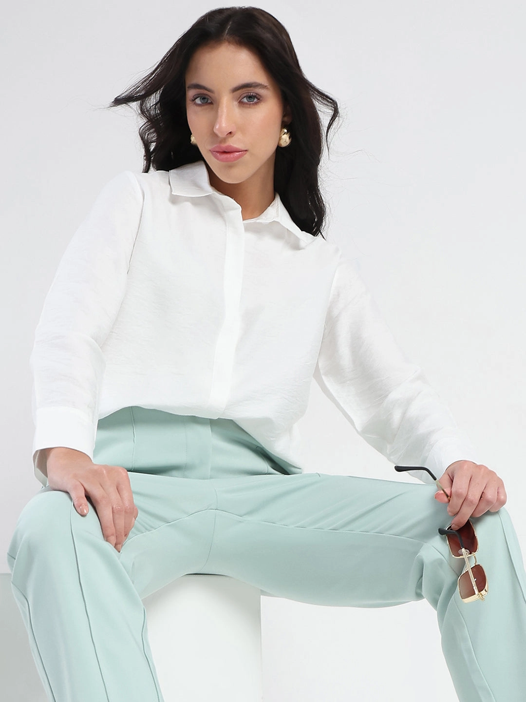 Madame White Rayon Blend Shirt Chic Look Active Fit