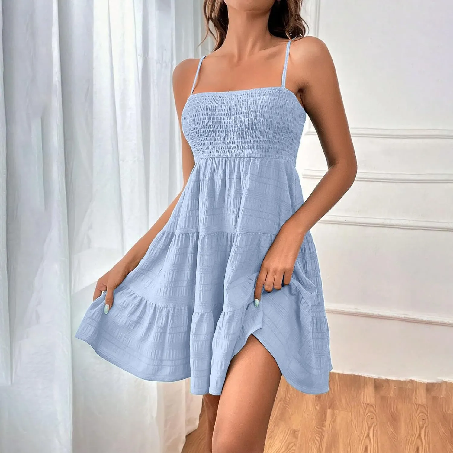 Spaghetti Strap Swing Dress for Women Square Neck Flowy A Line Smocked Ruffle Tiered Cami Dress Mini Beach Dresses