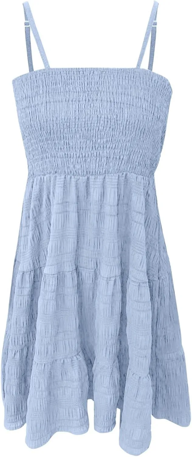 Spaghetti Strap Swing Dress for Women Square Neck Flowy A Line Smocked Ruffle Tiered Cami Dress Mini Beach Dresses