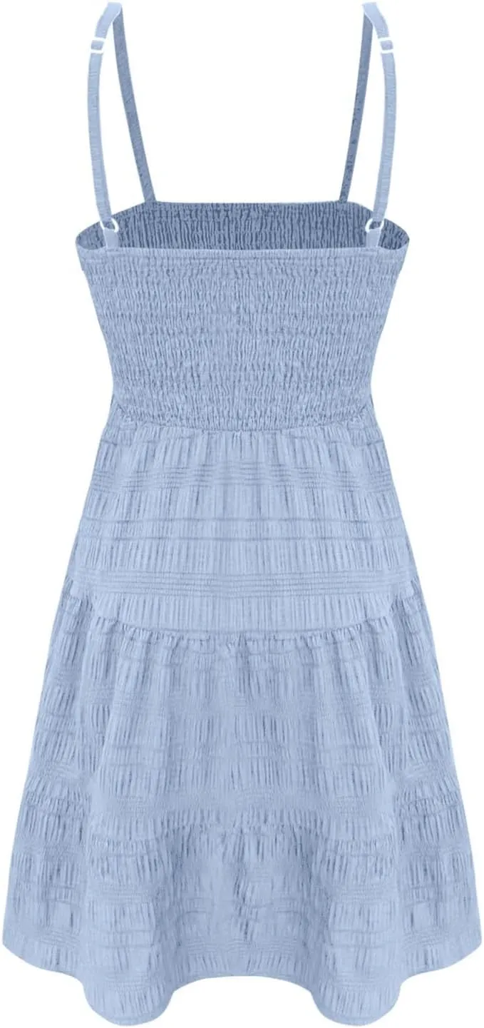 Spaghetti Strap Swing Dress for Women Square Neck Flowy A Line Smocked Ruffle Tiered Cami Dress Mini Beach Dresses