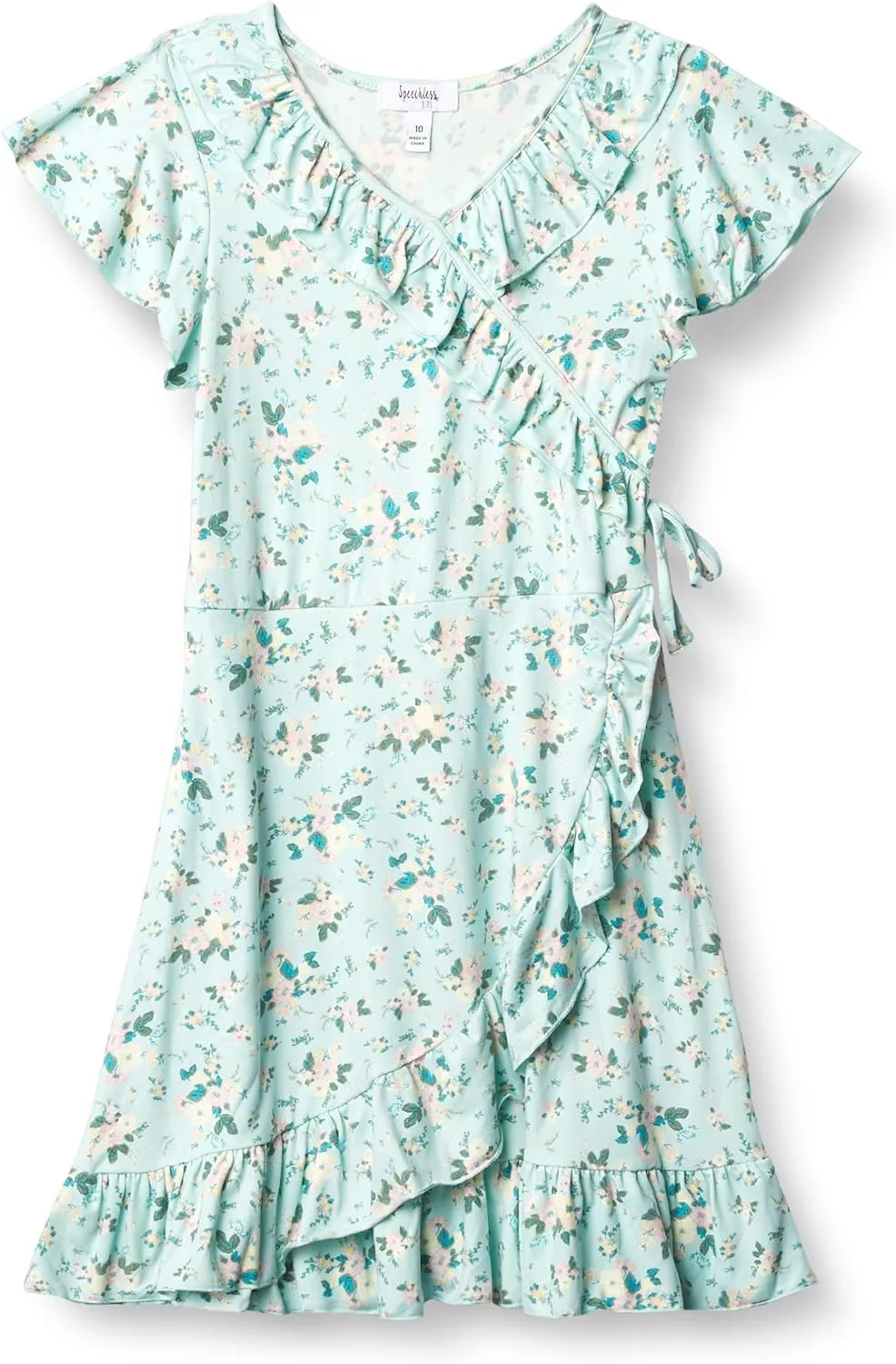Speechless Girls' Short Sleeve Faux Wrap Knit Ruffled Dress