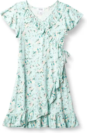 Speechless Girls' Short Sleeve Faux Wrap Knit Ruffled Dress